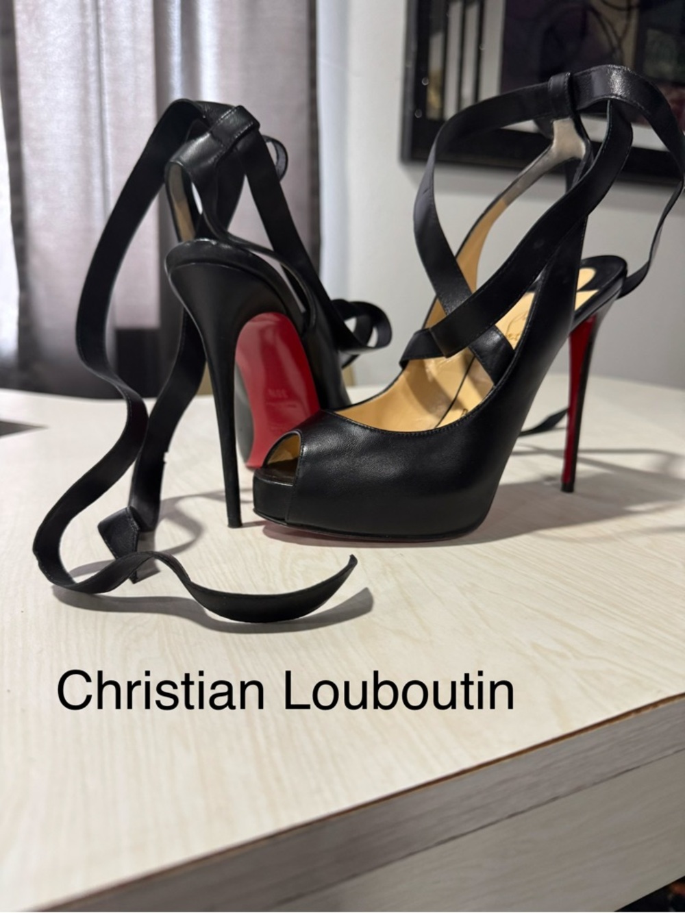 Christian Louboutin Black Leather Peep-Toe Lace-Up Stilettos with Red Soles